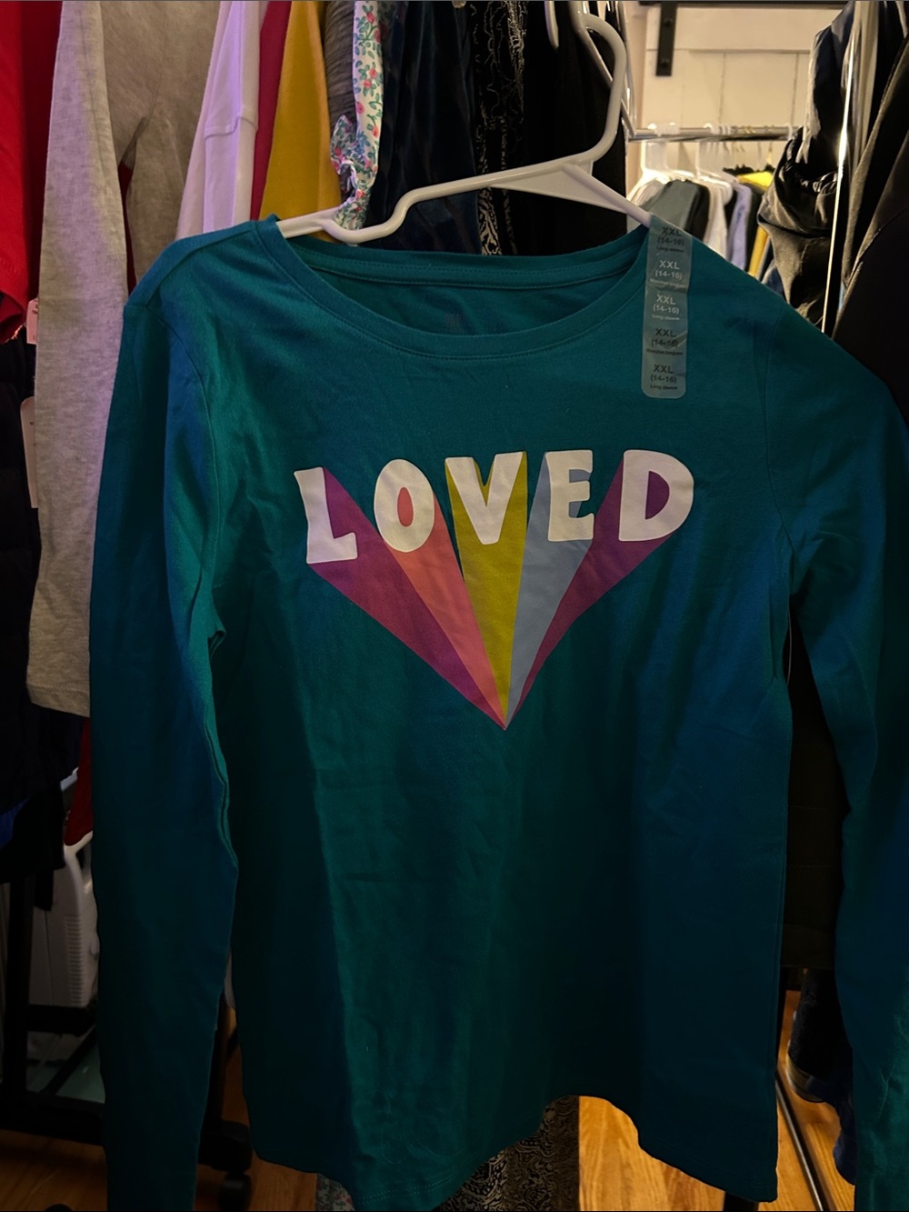 GAP Teal Long-Sleeve Tee with Multicolor "LOVED" Graphic